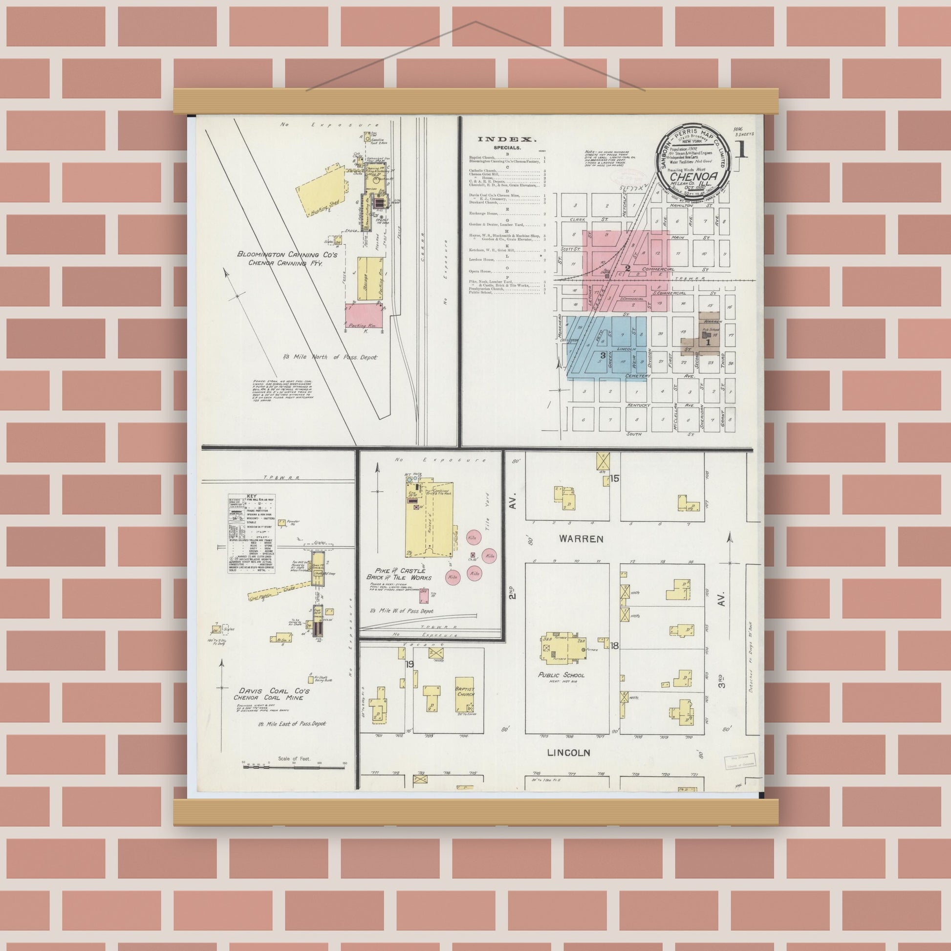 Old map wall art mockup — magnetic wood frame on brick wall — Sanborn Fire Insurance Map from Chenoa, McLean County, Illinois (1892) - Complete Map Set