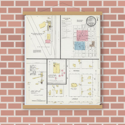 Old map wall art mockup — magnetic wood frame on brick wall — Sanborn Fire Insurance Map from Chenoa, McLean County, Illinois (1892) - Complete Map Set