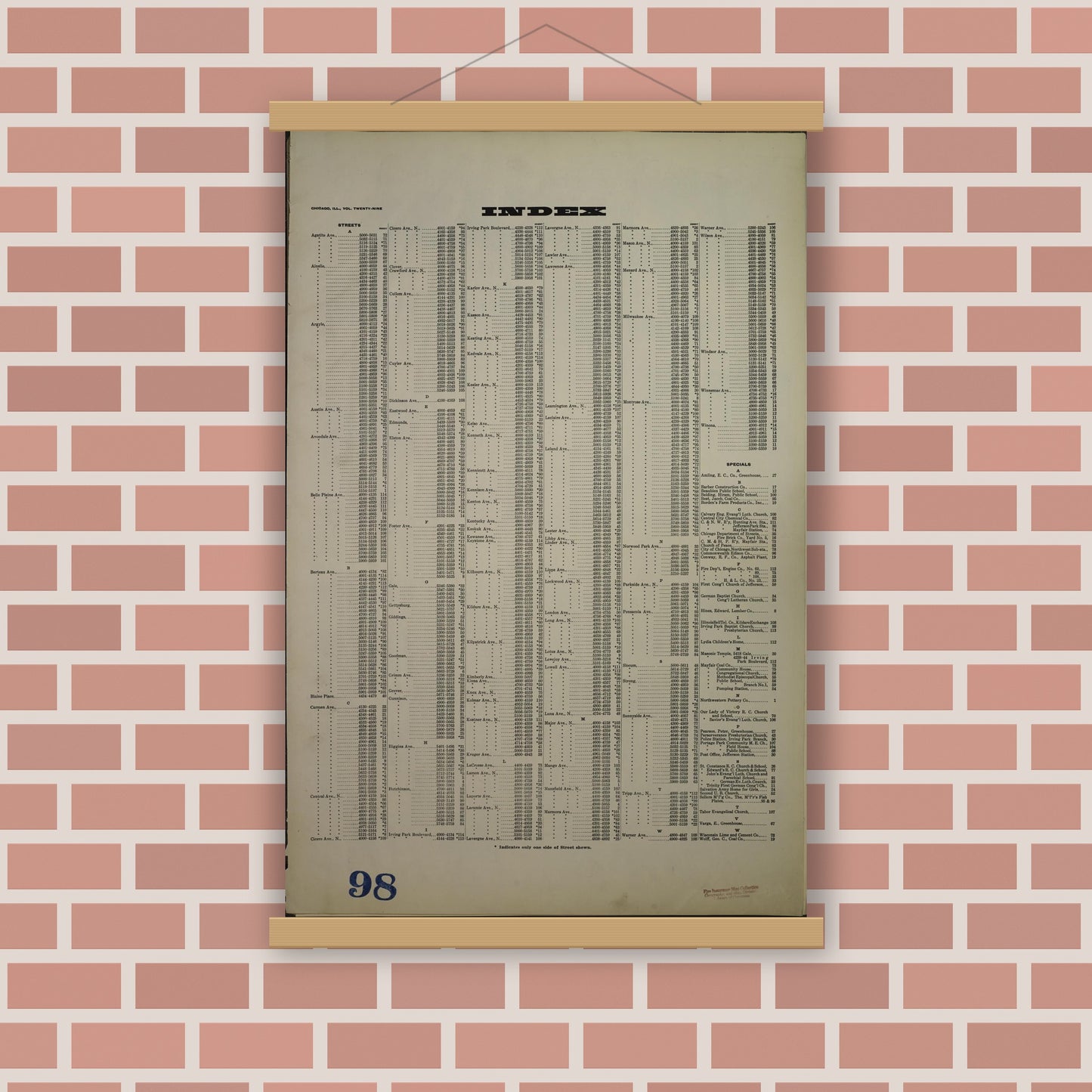 Old map wall art mockup — magnetic wood frame on brick wall — Sanborn Fire Insurance Map from Chicago, Cook County, Illinois (1940), Sheet #0001