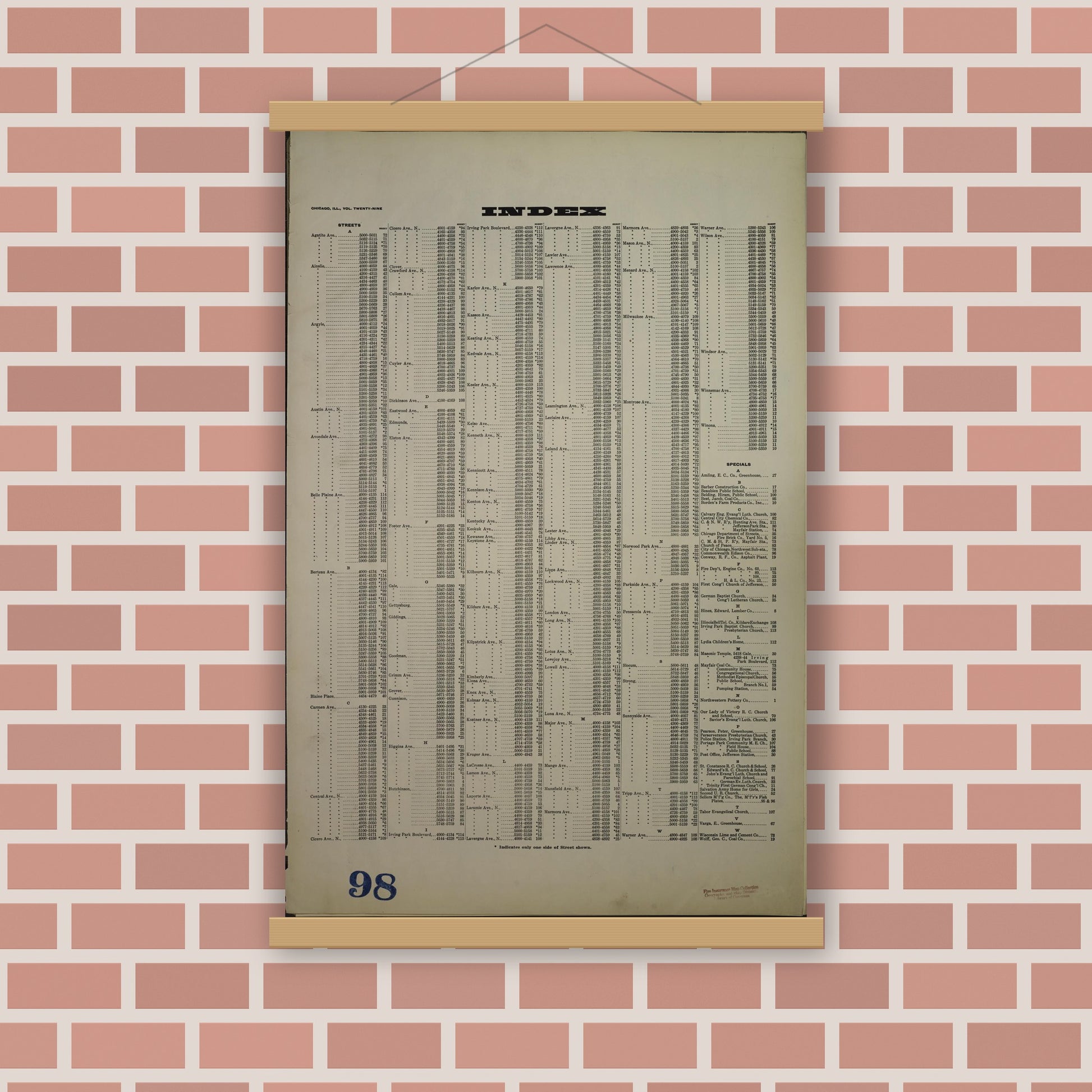 Old map wall art mockup — magnetic wood frame on brick wall — Sanborn Fire Insurance Map from Chicago, Cook County, Illinois (1940), Sheet #0001