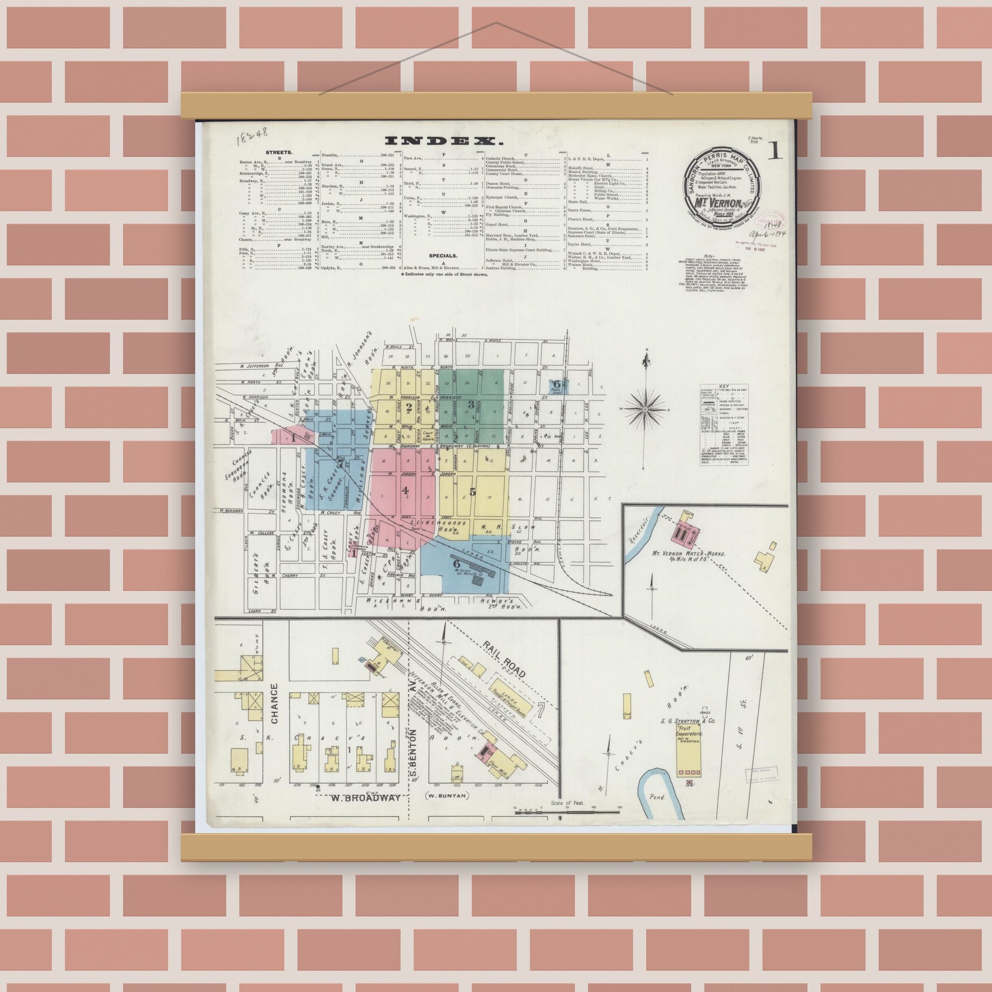 Old map wall art mockup — magnetic wood frame on brick wall — Sanborn Fire Insurance Map from Mount Vernon, Jefferson County, Illinois (1894) - Complete Map Set