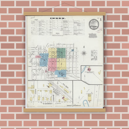 Old map wall art mockup — magnetic wood frame on brick wall — Sanborn Fire Insurance Map from Mount Vernon, Jefferson County, Illinois (1894) - Complete Map Set