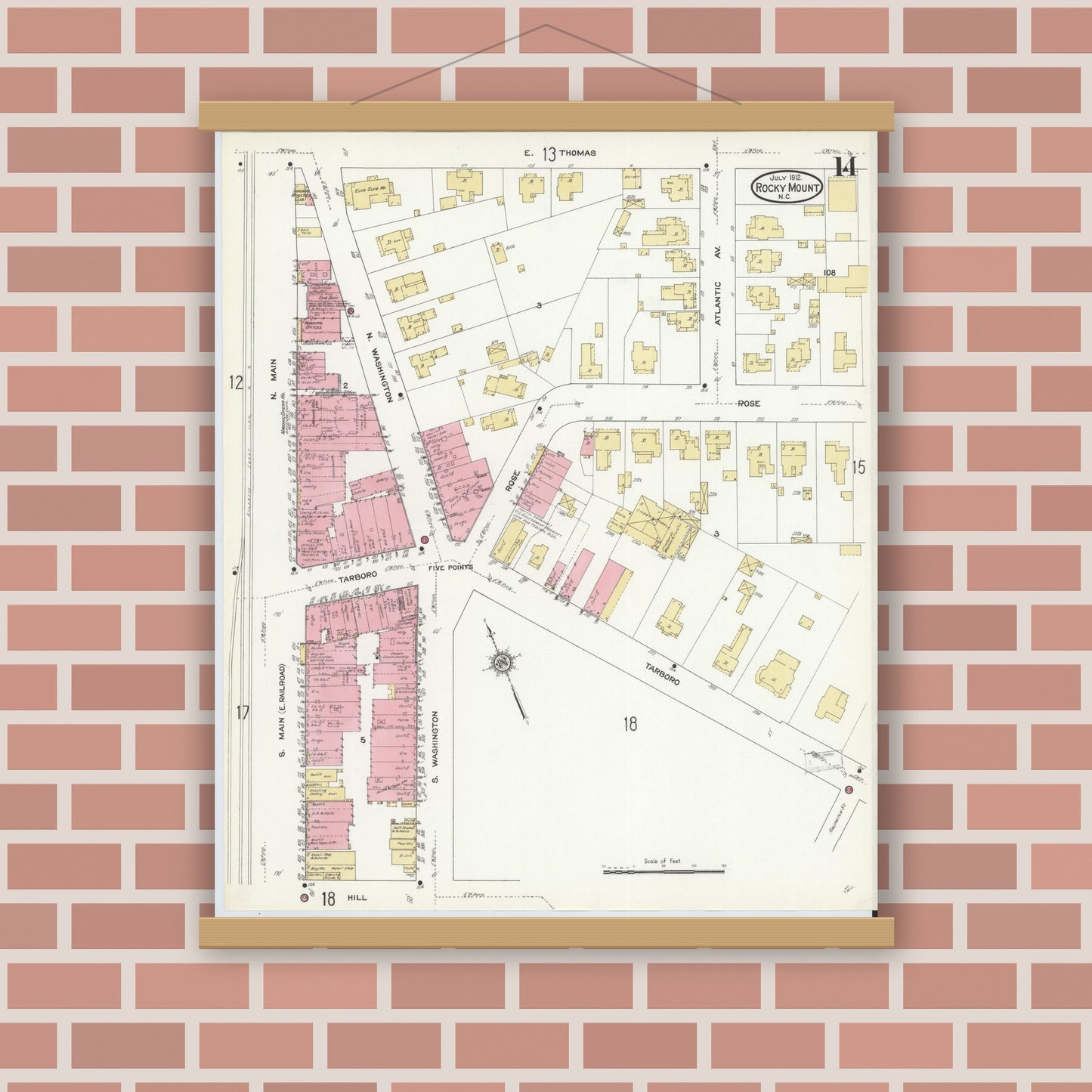 Old map wall art mockup — magnetic wood frame on brick wall — Sanborn Fire Insurance Map from Rocky Mount, Edgecombe And Nash Counties, North Carolina (1912), Sheet #0014