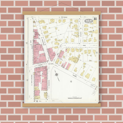 Old map wall art mockup — magnetic wood frame on brick wall — Sanborn Fire Insurance Map from Rocky Mount, Edgecombe And Nash Counties, North Carolina (1912), Sheet #0014