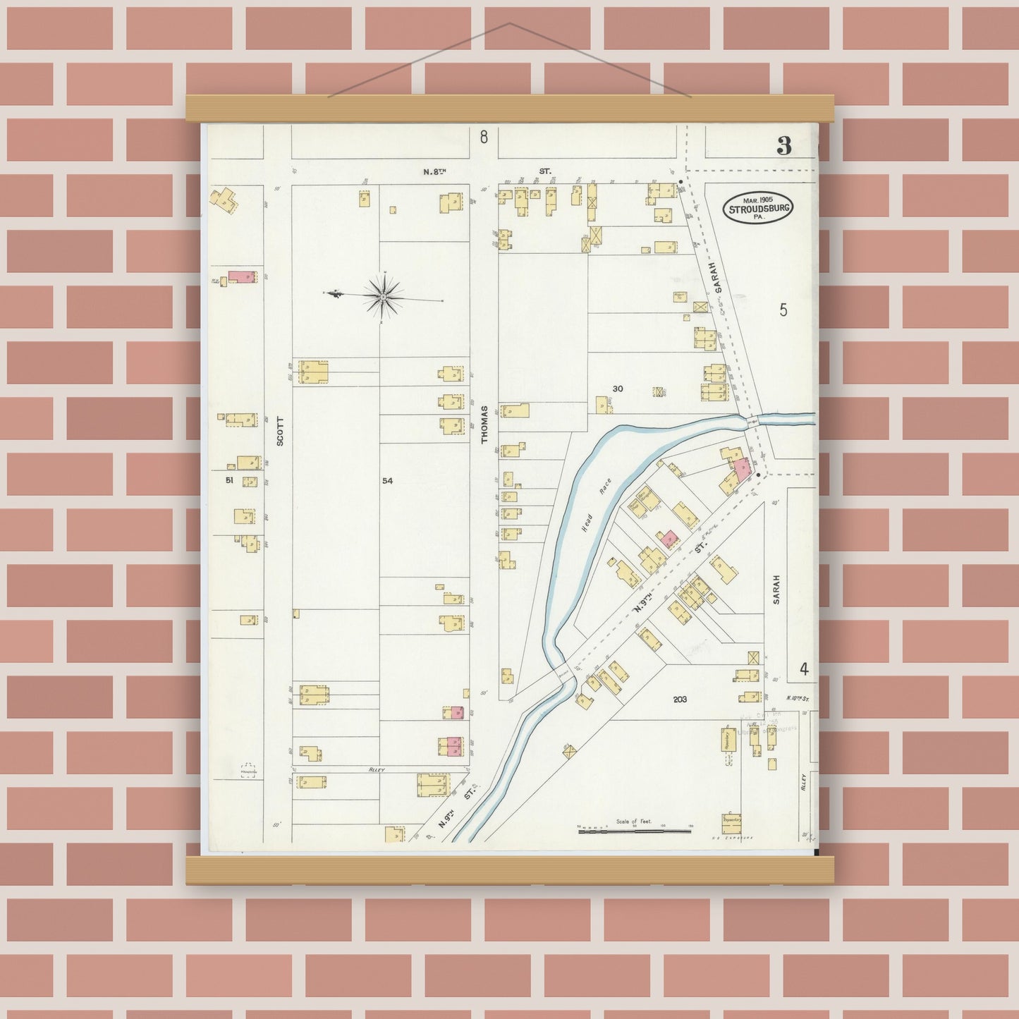 Old map wall art mockup — magnetic wood frame on brick wall — Sanborn Fire Insurance Map from Stroudsburg, Monroe County, Pennsylvania (1905), Sheet #0003