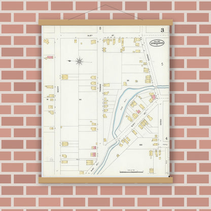 Old map wall art mockup — magnetic wood frame on brick wall — Sanborn Fire Insurance Map from Stroudsburg, Monroe County, Pennsylvania (1905), Sheet #0003