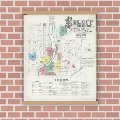Old map wall art mockup — magnetic wood frame on brick wall — Sanborn Fire Insurance Map from Beloit, Rock County, Wisconsin (1895) - Complete Map Set