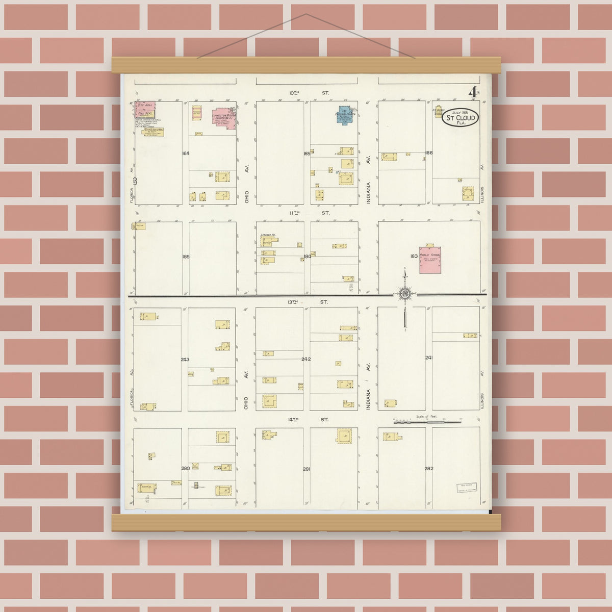 Old map wall art mockup — magnetic wood frame on brick wall — Sanborn Fire Insurance Map from Saint Cloud, Osceola County, Florida (1915), Sheet #0004