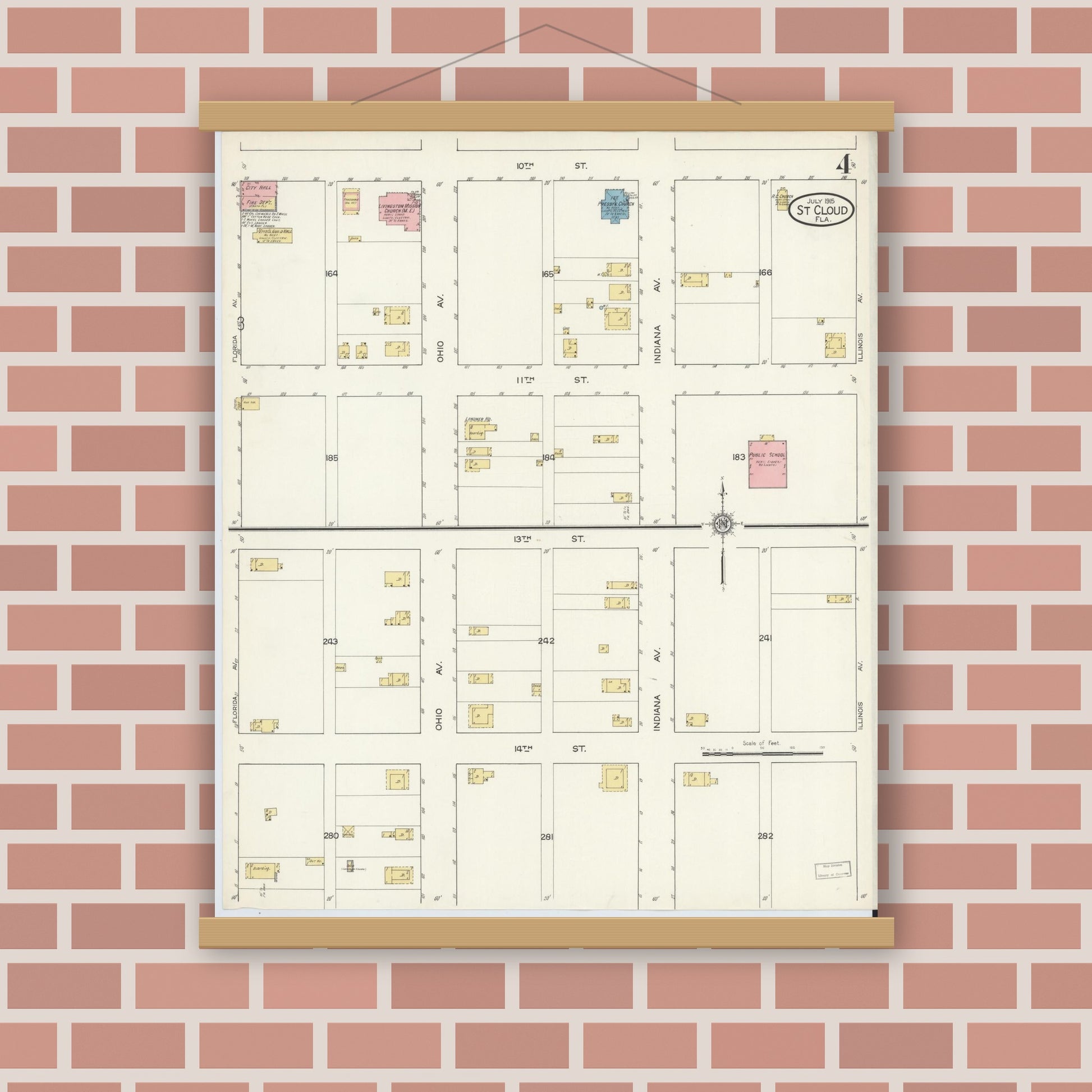 Old map wall art mockup — magnetic wood frame on brick wall — Sanborn Fire Insurance Map from Saint Cloud, Osceola County, Florida (1915), Sheet #0004