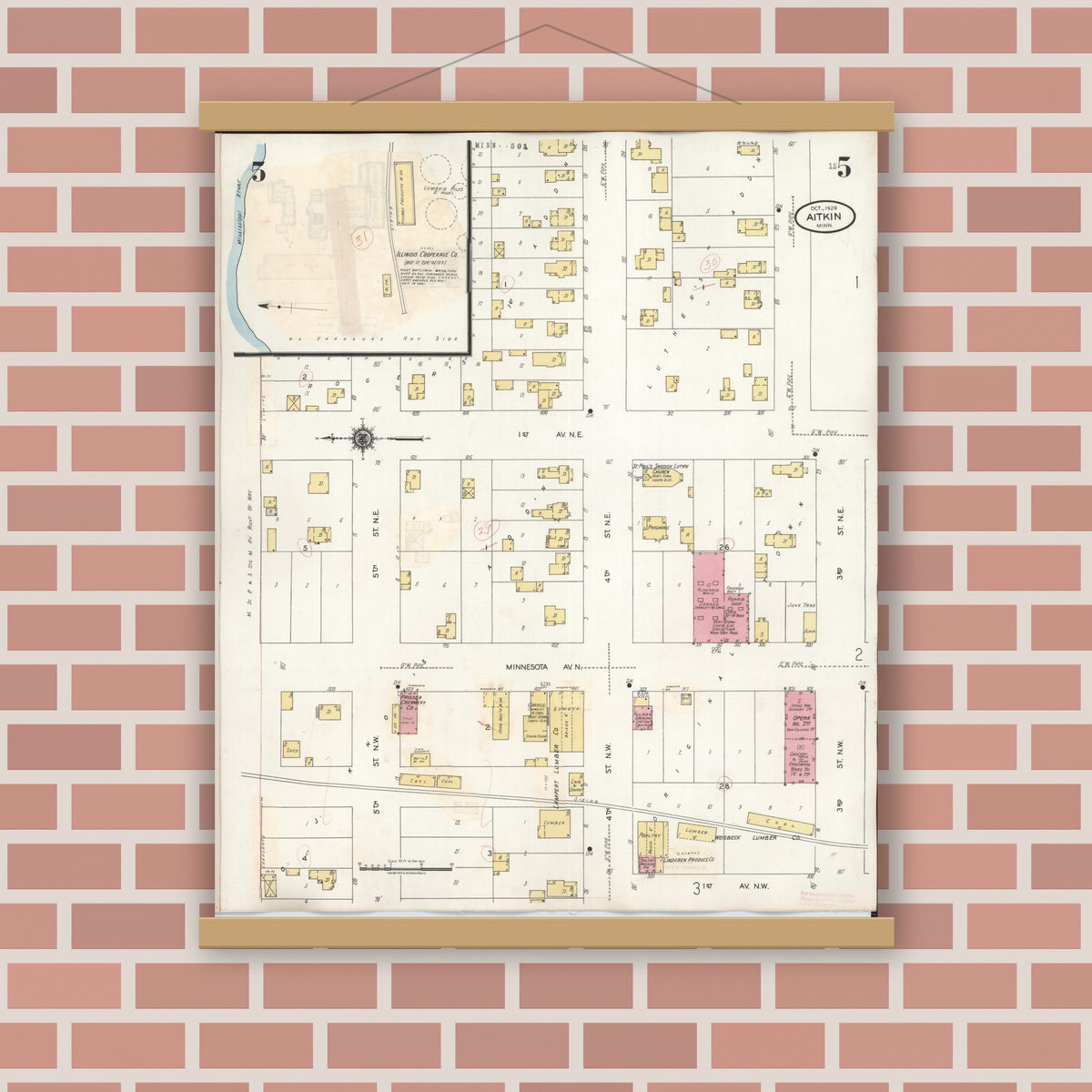 Old map wall art mockup — magnetic wood frame on brick wall — Sanborn Fire Insurance Map from Aitkin, Aitkin County, Minnesota (1936), Sheet #0005
