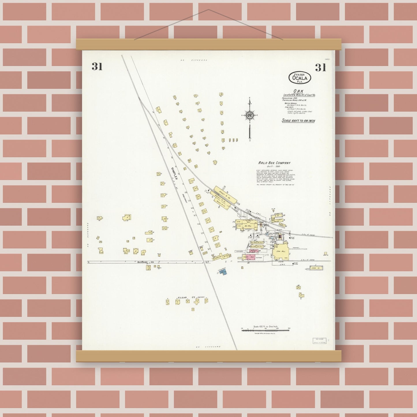 Old map wall art mockup — magnetic wood frame on brick wall — Sanborn Fire Insurance Map from Ocala, Marion County, Florida (1924), Sheet #0031