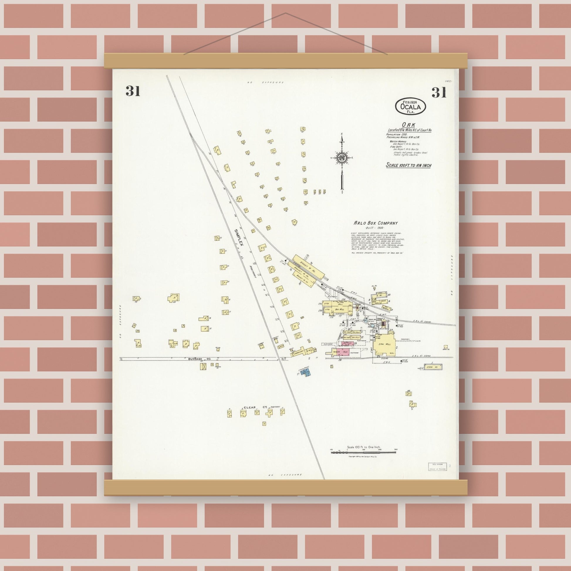 Old map wall art mockup — magnetic wood frame on brick wall — Sanborn Fire Insurance Map from Ocala, Marion County, Florida (1924), Sheet #0031