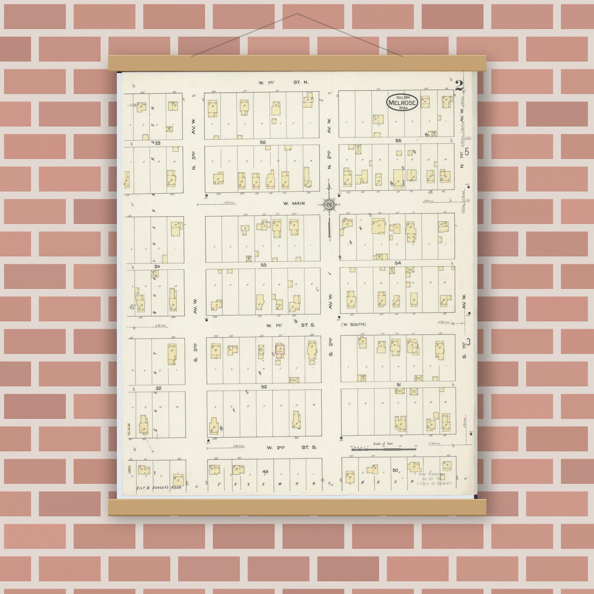 Old map wall art mockup — magnetic wood frame on brick wall — Sanborn Fire Insurance Map from Melrose, Stearns County, Minnesota (1914), Sheet #0002