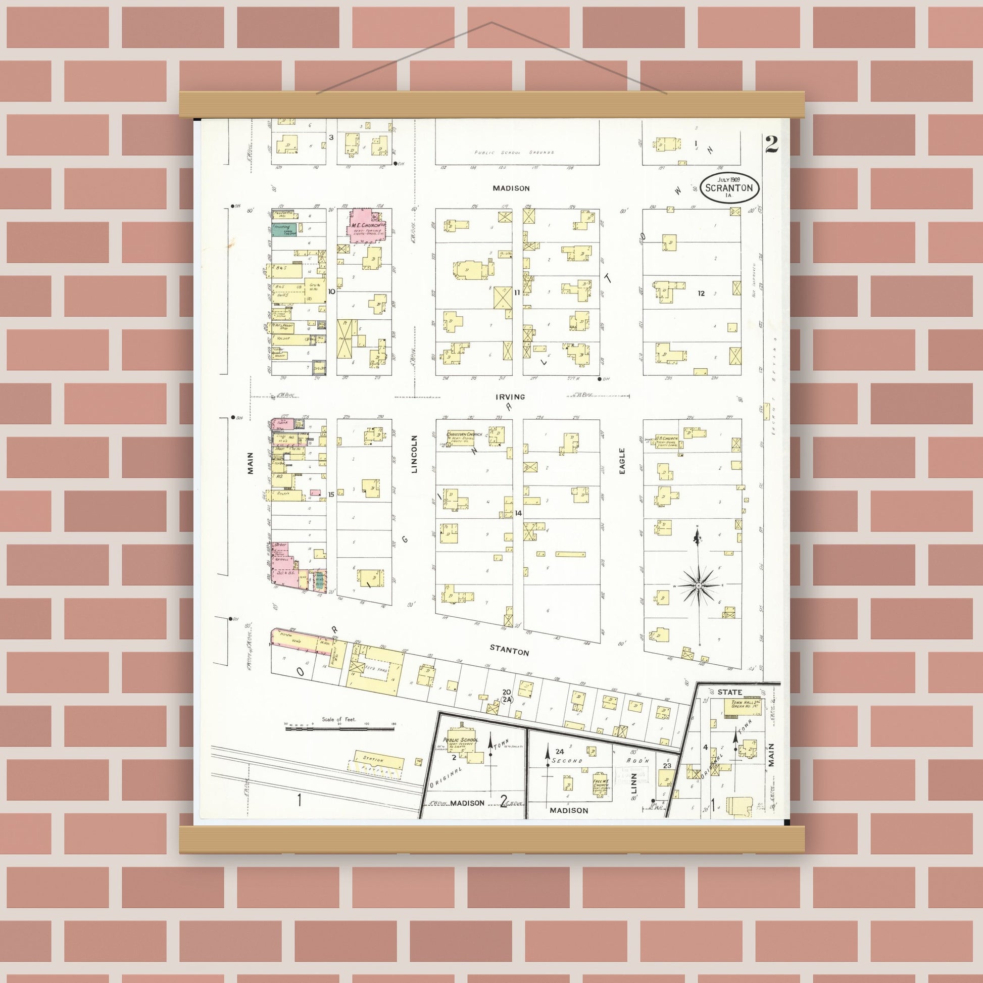 Old map wall art mockup — magnetic wood frame on brick wall — Sanborn Fire Insurance Map from Scranton, Greene County, Iowa (1909), Sheet #0002