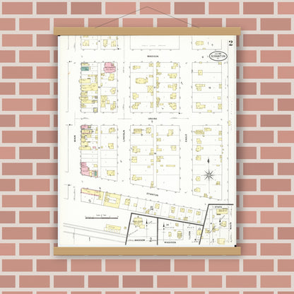 Old map wall art mockup — magnetic wood frame on brick wall — Sanborn Fire Insurance Map from Scranton, Greene County, Iowa (1909), Sheet #0002