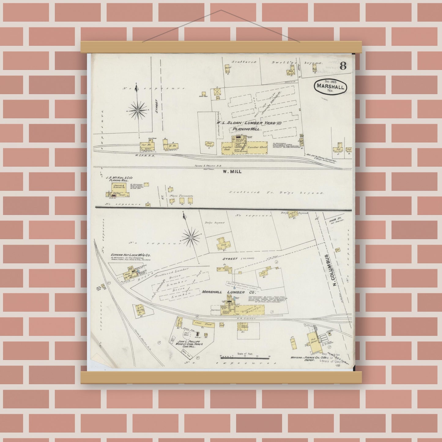 Old map wall art mockup — magnetic wood frame on brick wall — Sanborn Fire Insurance Map from Marshall, Harrison County, Texas (1889), Sheet #0008