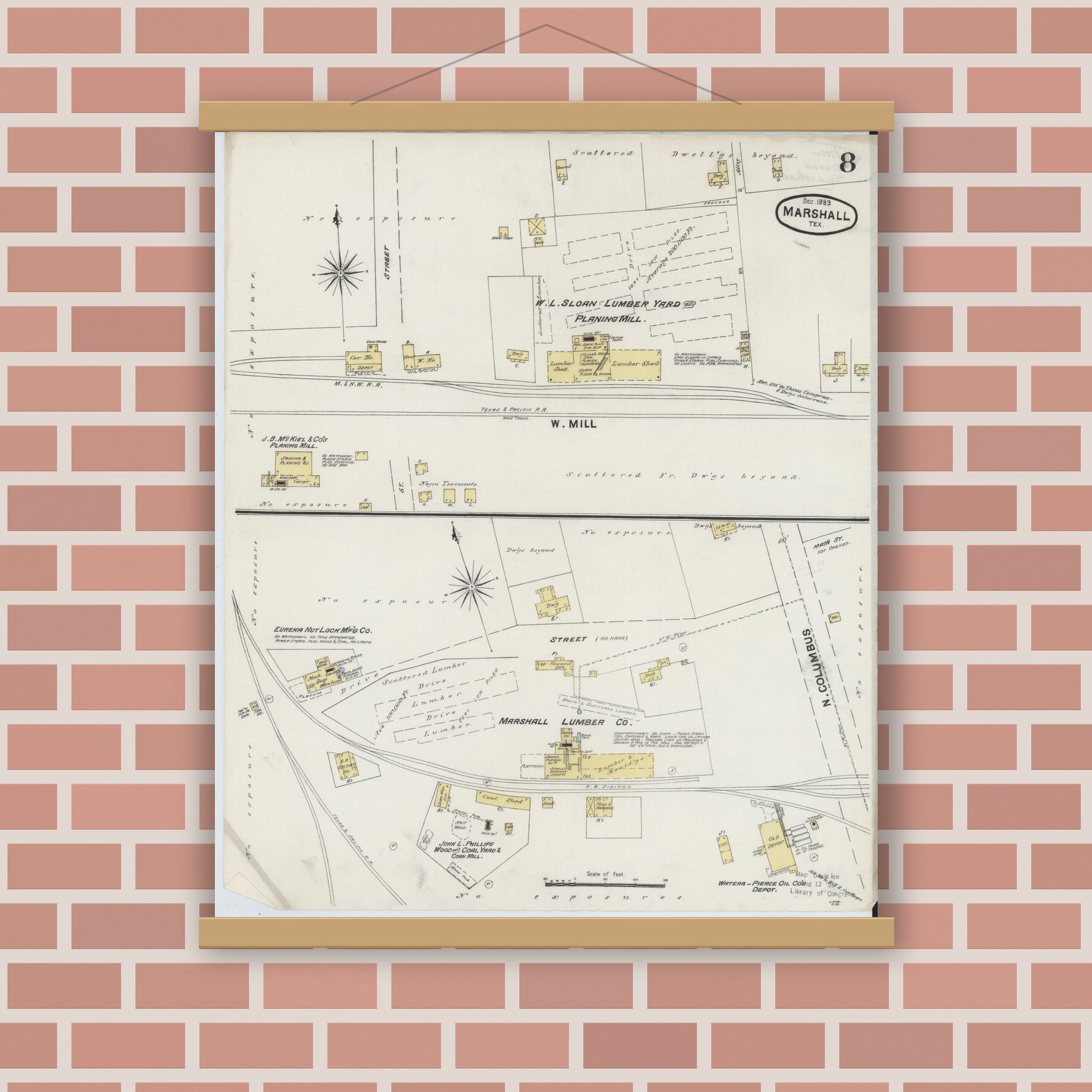 Old map wall art mockup — magnetic wood frame on brick wall — Sanborn Fire Insurance Map from Marshall, Harrison County, Texas (1889), Sheet #0008