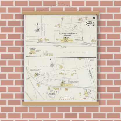 Old map wall art mockup — magnetic wood frame on brick wall — Sanborn Fire Insurance Map from Marshall, Harrison County, Texas (1889), Sheet #0008