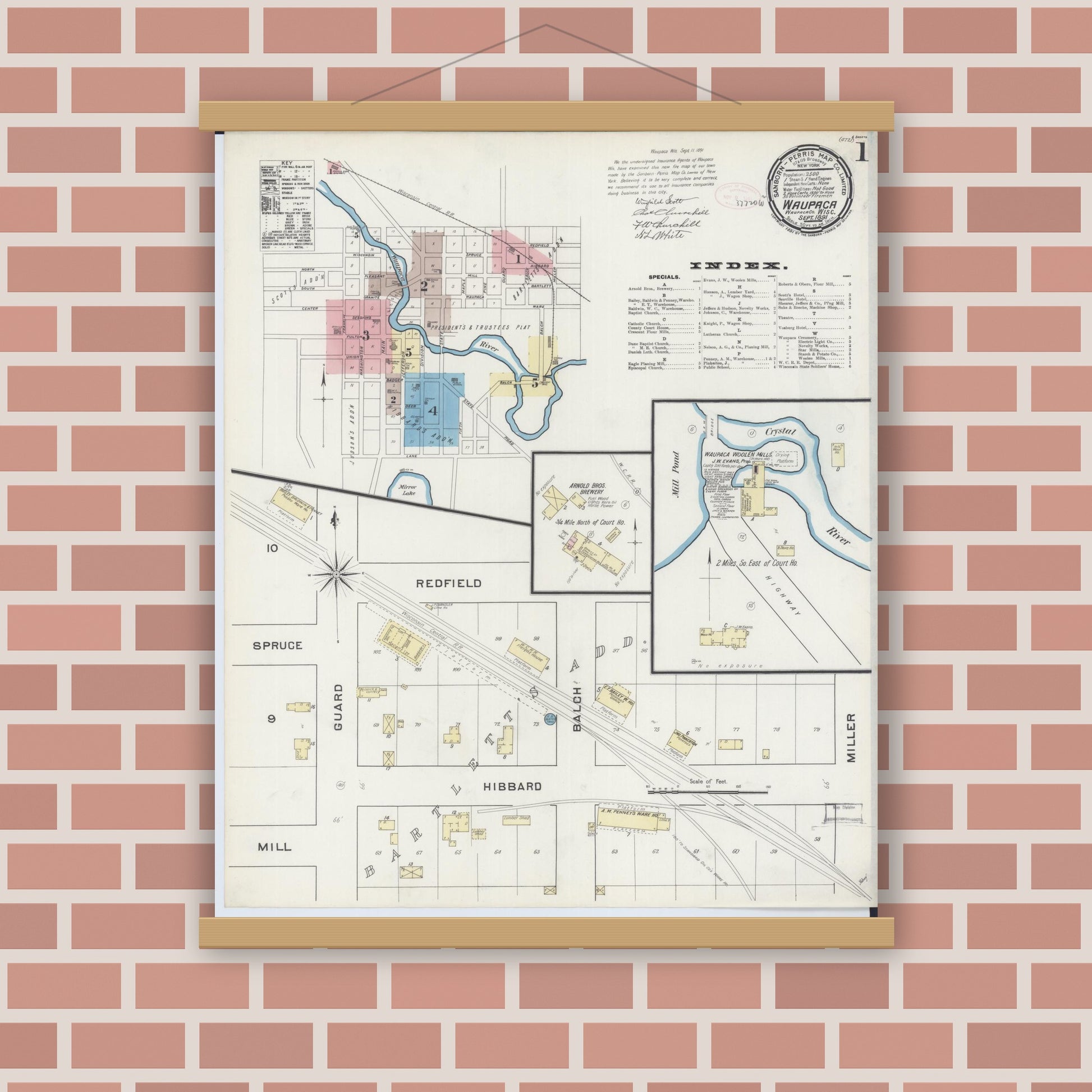 Old map wall art mockup — magnetic wood frame on brick wall — Sanborn Fire Insurance Map from Waupaca, Waupaca County, Wisconsin (1891), Sheet #0001