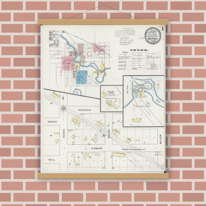 Old map wall art mockup — magnetic wood frame on brick wall — Sanborn Fire Insurance Map from Waupaca, Waupaca County, Wisconsin (1891), Sheet #0001