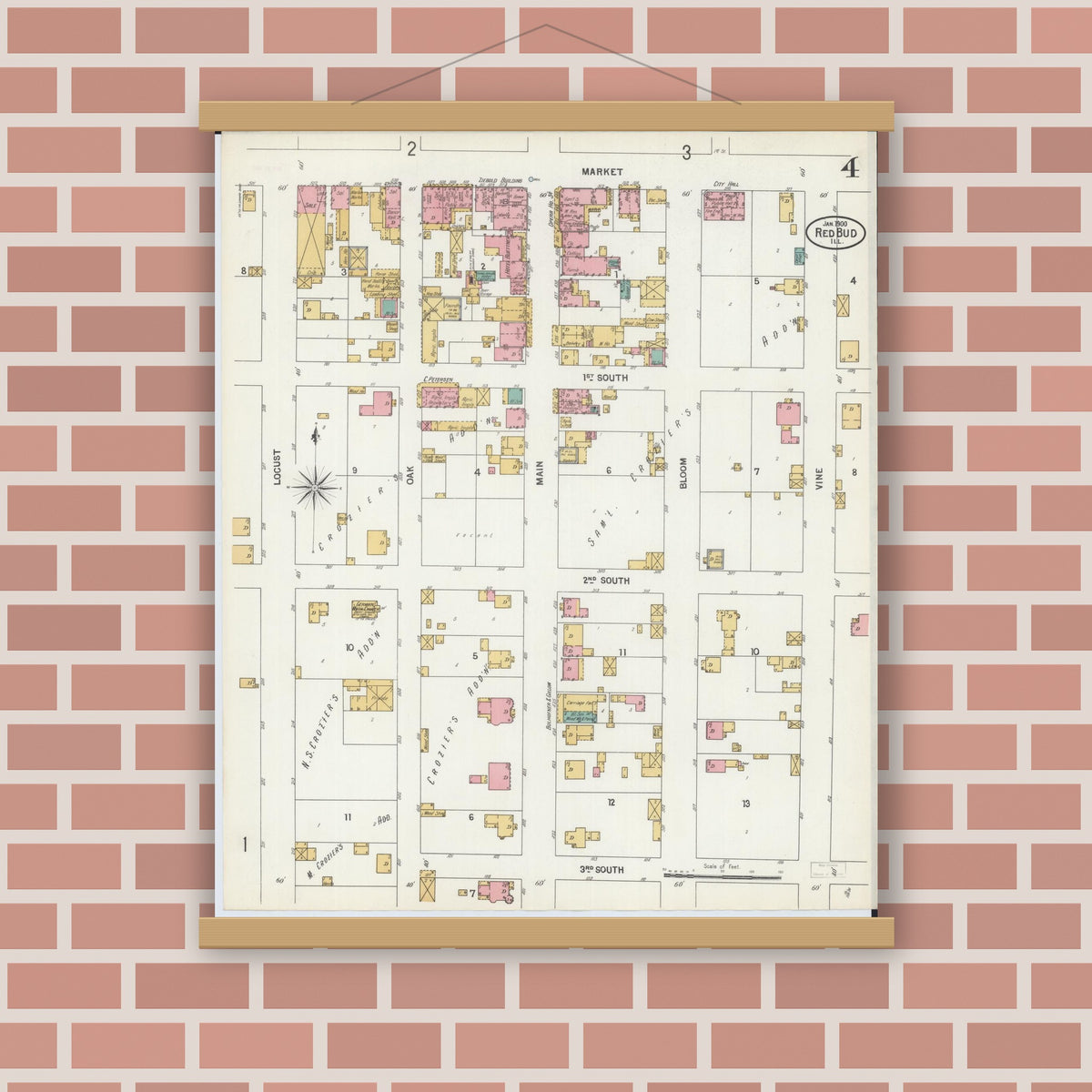 Old map wall art mockup — magnetic wood frame on brick wall — Sanborn Fire Insurance Map from Red Bud, Randolph County, Illinois (1900), Sheet #0004