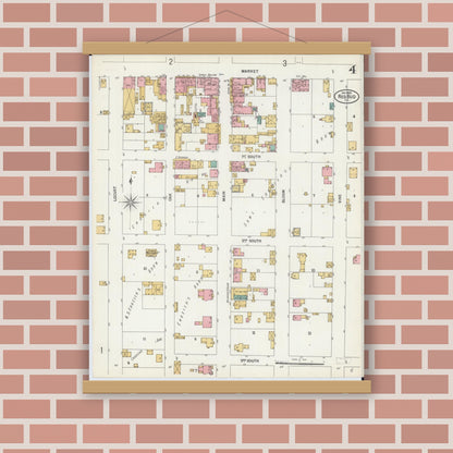 Old map wall art mockup — magnetic wood frame on brick wall — Sanborn Fire Insurance Map from Red Bud, Randolph County, Illinois (1900), Sheet #0004