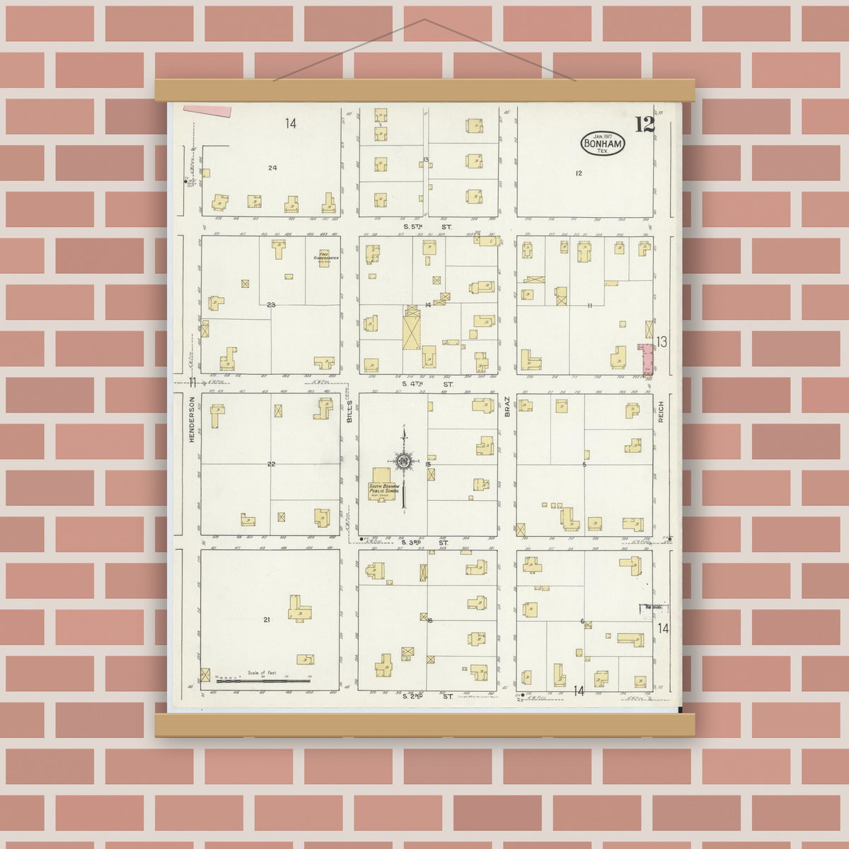 Old map wall art mockup — magnetic wood frame on brick wall — Sanborn Fire Insurance Map from Bonham, Fannin County, Texas (1917), Sheet #0012