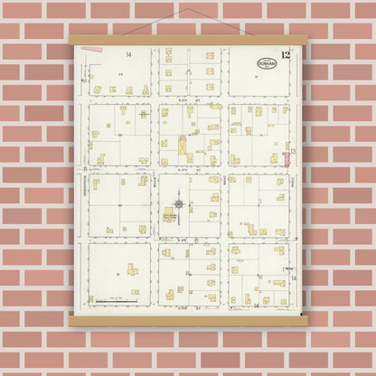 Old map wall art mockup — magnetic wood frame on brick wall — Sanborn Fire Insurance Map from Bonham, Fannin County, Texas (1917), Sheet #0012