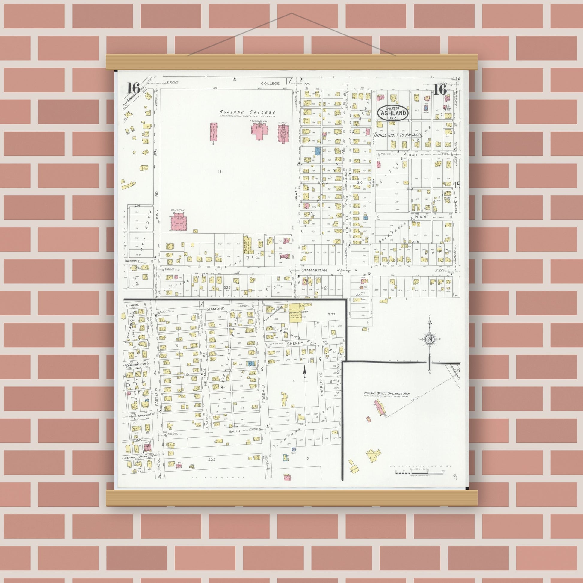 Old map wall art mockup — magnetic wood frame on brick wall — Sanborn Fire Insurance Map from Ashland, Ashland County, Ohio (1930), Sheet #0016
