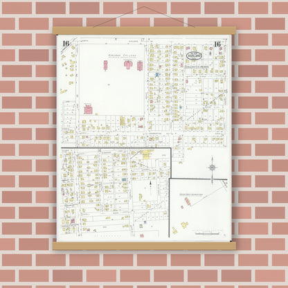 Old map wall art mockup — magnetic wood frame on brick wall — Sanborn Fire Insurance Map from Ashland, Ashland County, Ohio (1930), Sheet #0016