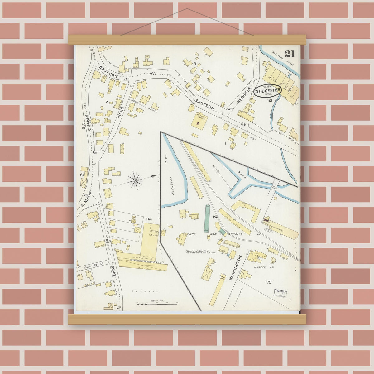 Old map wall art mockup — magnetic wood frame on brick wall — Sanborn Fire Insurance Map from Gloucester, Essex County, Massachusetts (1892), Sheet #0021