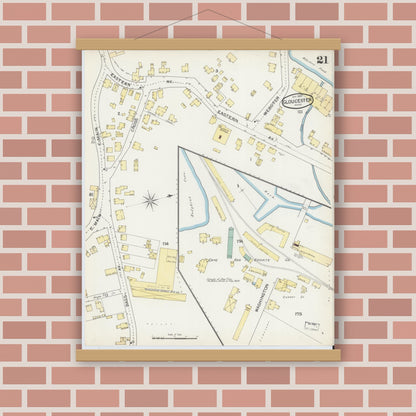 Old map wall art mockup — magnetic wood frame on brick wall — Sanborn Fire Insurance Map from Gloucester, Essex County, Massachusetts (1892), Sheet #0021
