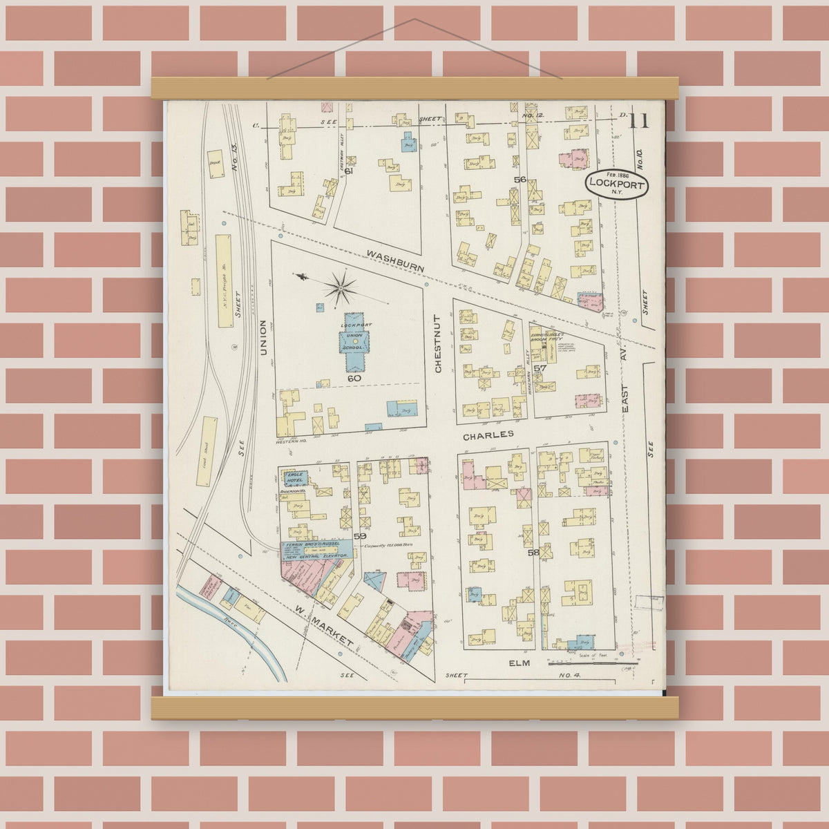 Old map wall art mockup — magnetic wood frame on brick wall — Sanborn Fire Insurance Map from Lockport, Niagara County, New York (1886), Sheet #0010