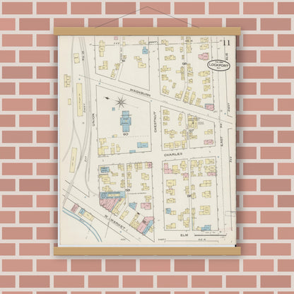 Old map wall art mockup — magnetic wood frame on brick wall — Sanborn Fire Insurance Map from Lockport, Niagara County, New York (1886), Sheet #0010
