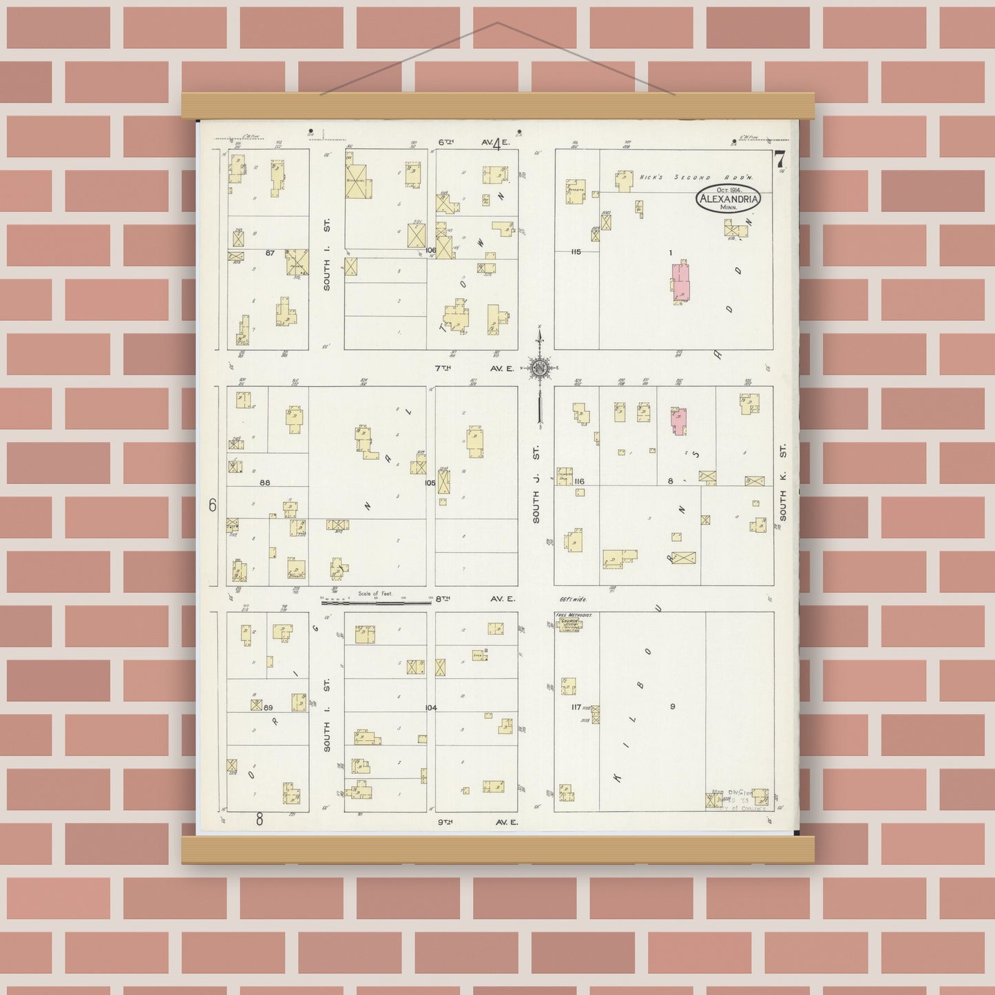 Old map wall art mockup — magnetic wood frame on brick wall — Sanborn Fire Insurance Map from Alexandria, Douglas County, Minnesota (1914), Sheet #0007
