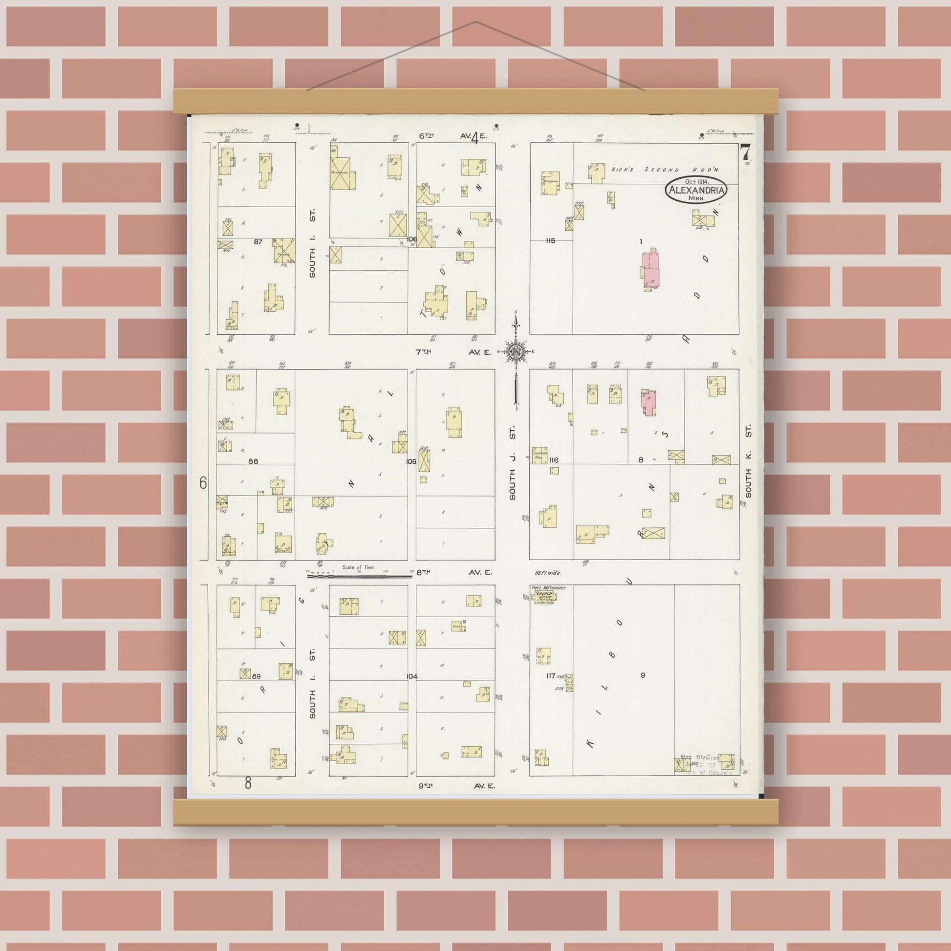 Old map wall art mockup — magnetic wood frame on brick wall — Sanborn Fire Insurance Map from Alexandria, Douglas County, Minnesota (1914), Sheet #0007