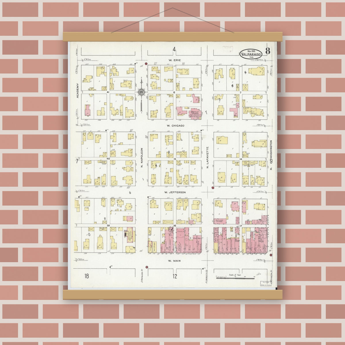 Old map wall art mockup — magnetic wood frame on brick wall — Sanborn Fire Insurance Map from Valparaiso, Porter County, Indiana (1910), Sheet #0008