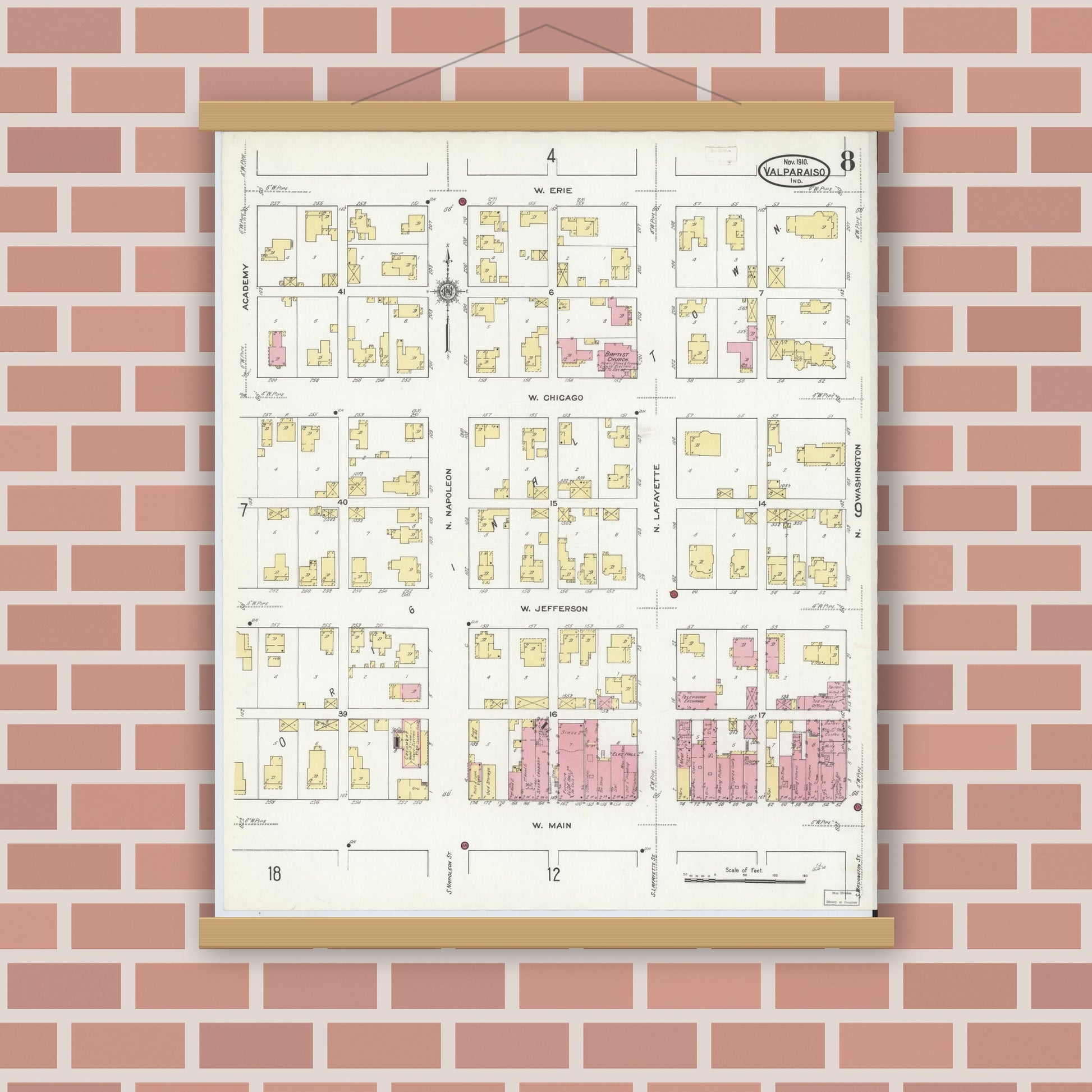 Old map wall art mockup — magnetic wood frame on brick wall — Sanborn Fire Insurance Map from Valparaiso, Porter County, Indiana (1910), Sheet #0008