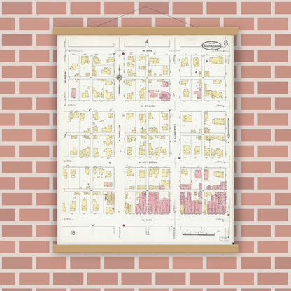 Old map wall art mockup — magnetic wood frame on brick wall — Sanborn Fire Insurance Map from Valparaiso, Porter County, Indiana (1910), Sheet #0008