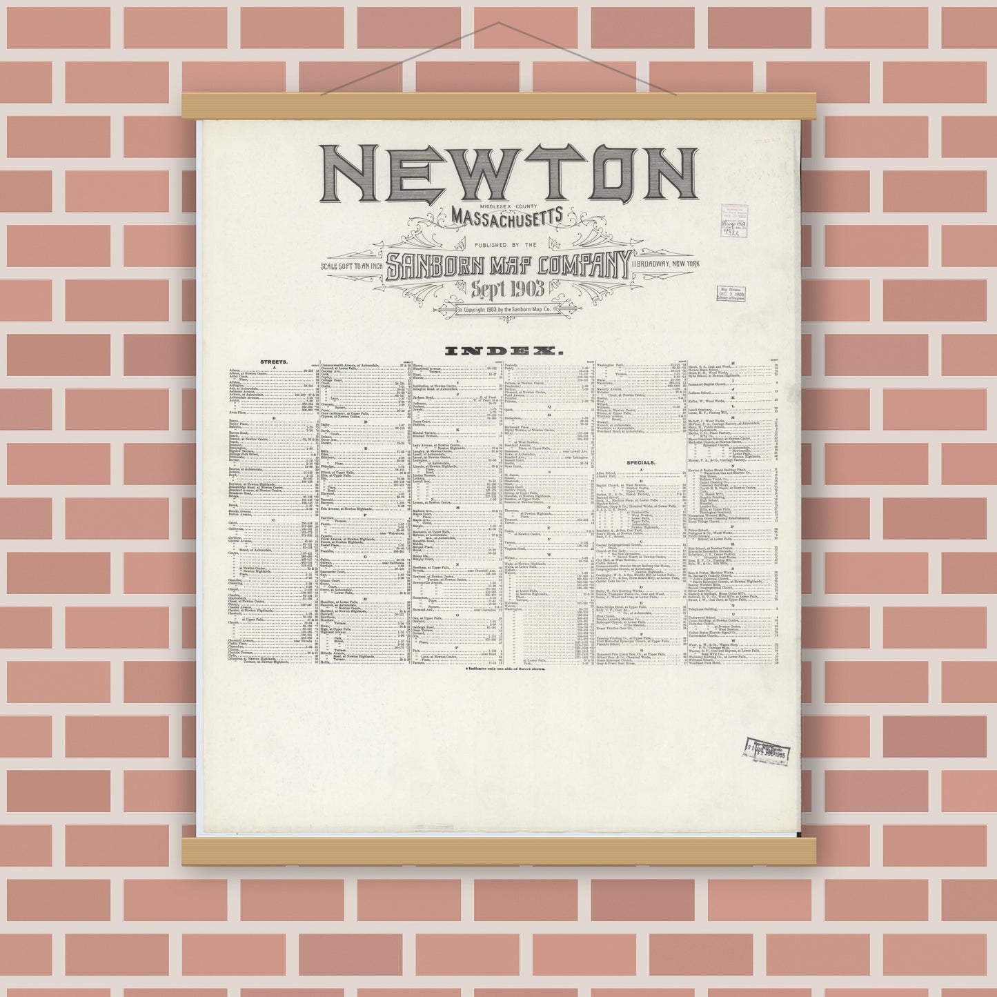 Old map wall art mockup — magnetic wood frame on brick wall — Sanborn Fire Insurance Map from Newton, Middlesex County, Massachusetts (1903), Sheet #0001