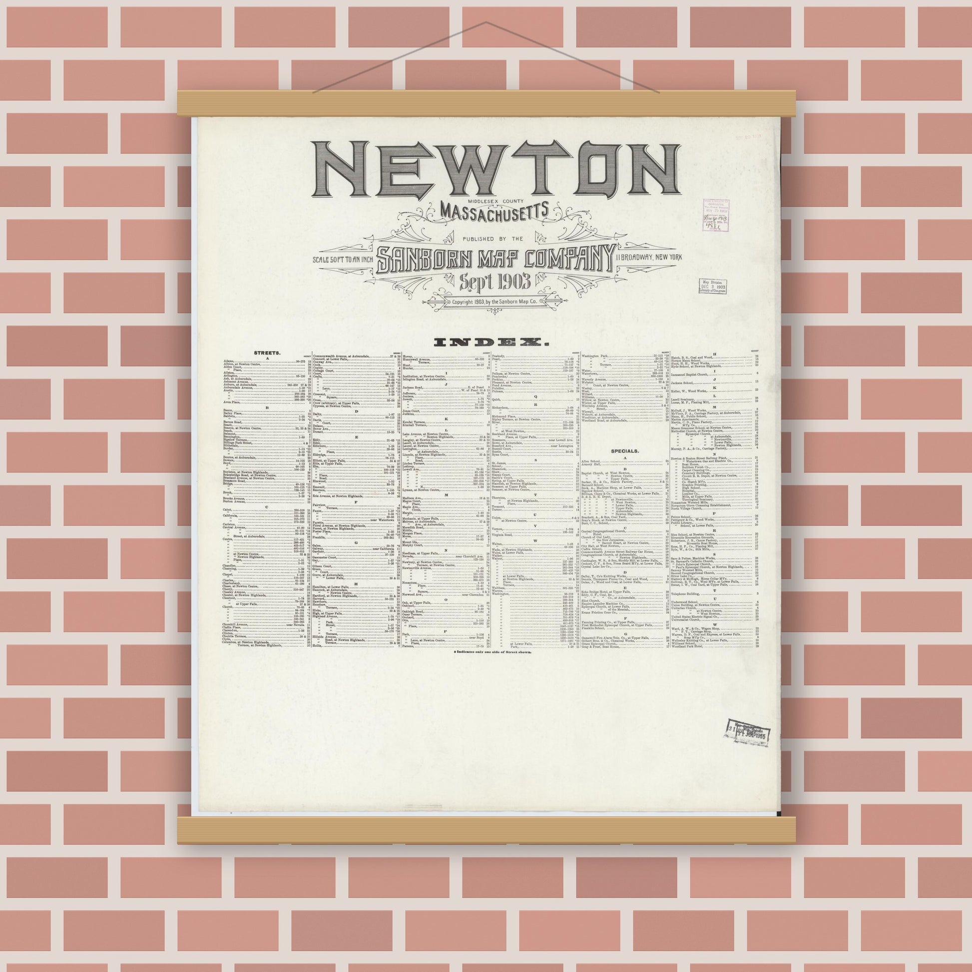 Old map wall art mockup — magnetic wood frame on brick wall — Sanborn Fire Insurance Map from Newton, Middlesex County, Massachusetts (1903), Sheet #0001
