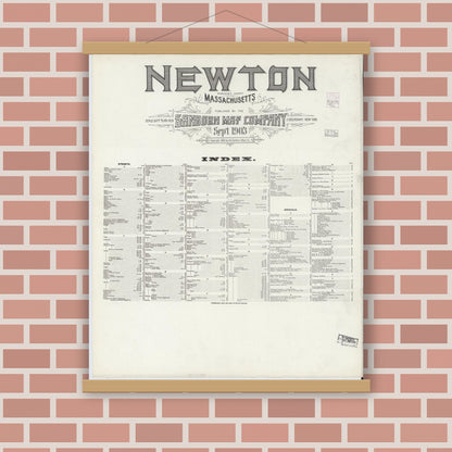 Old map wall art mockup — magnetic wood frame on brick wall — Sanborn Fire Insurance Map from Newton, Middlesex County, Massachusetts (1903), Sheet #0001