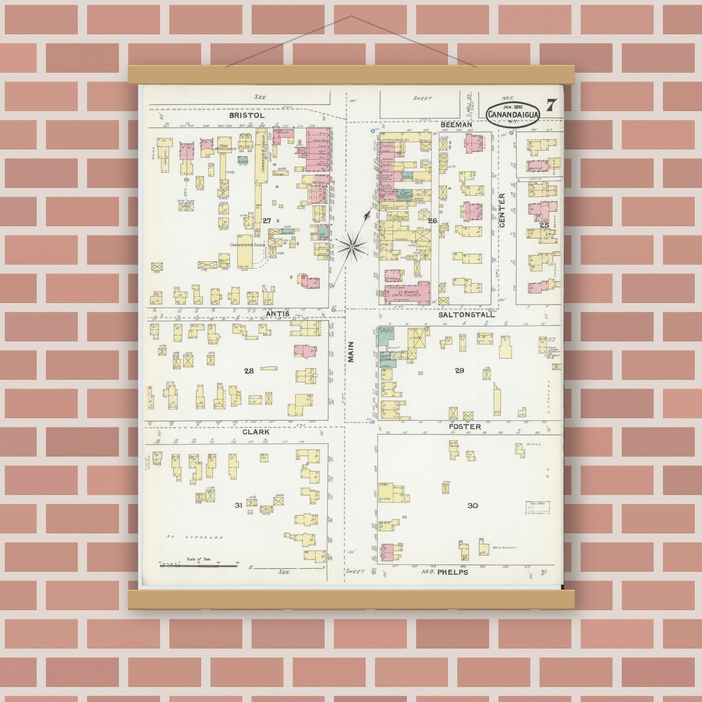 Old map wall art mockup — magnetic wood frame on brick wall — Sanborn Fire Insurance Map from Canandaigua, Ontario County, New York (1892), Sheet #0007