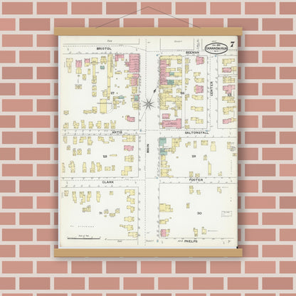 Old map wall art mockup — magnetic wood frame on brick wall — Sanborn Fire Insurance Map from Canandaigua, Ontario County, New York (1892), Sheet #0007