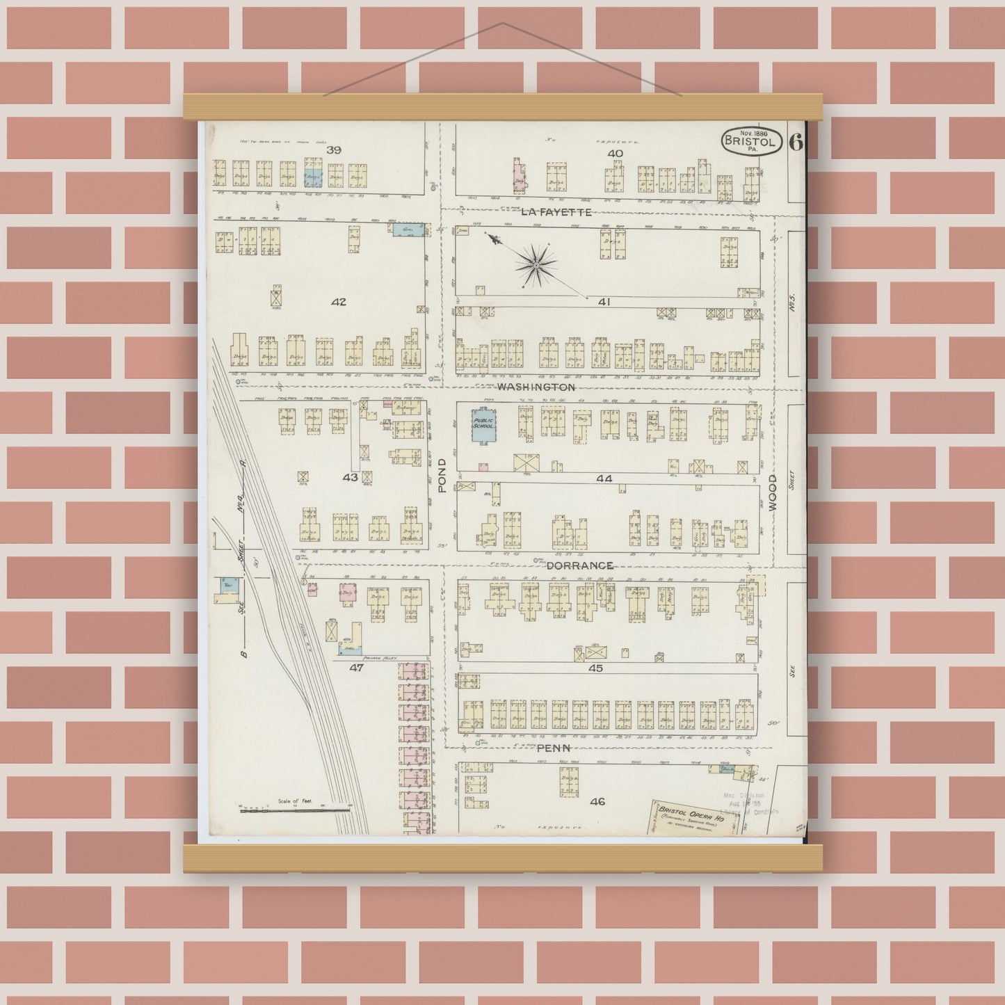 Old map wall art mockup — magnetic wood frame on brick wall — Sanborn Fire Insurance Map from Bristol, Bucks County, Pennsylvania (1886), Sheet #0006