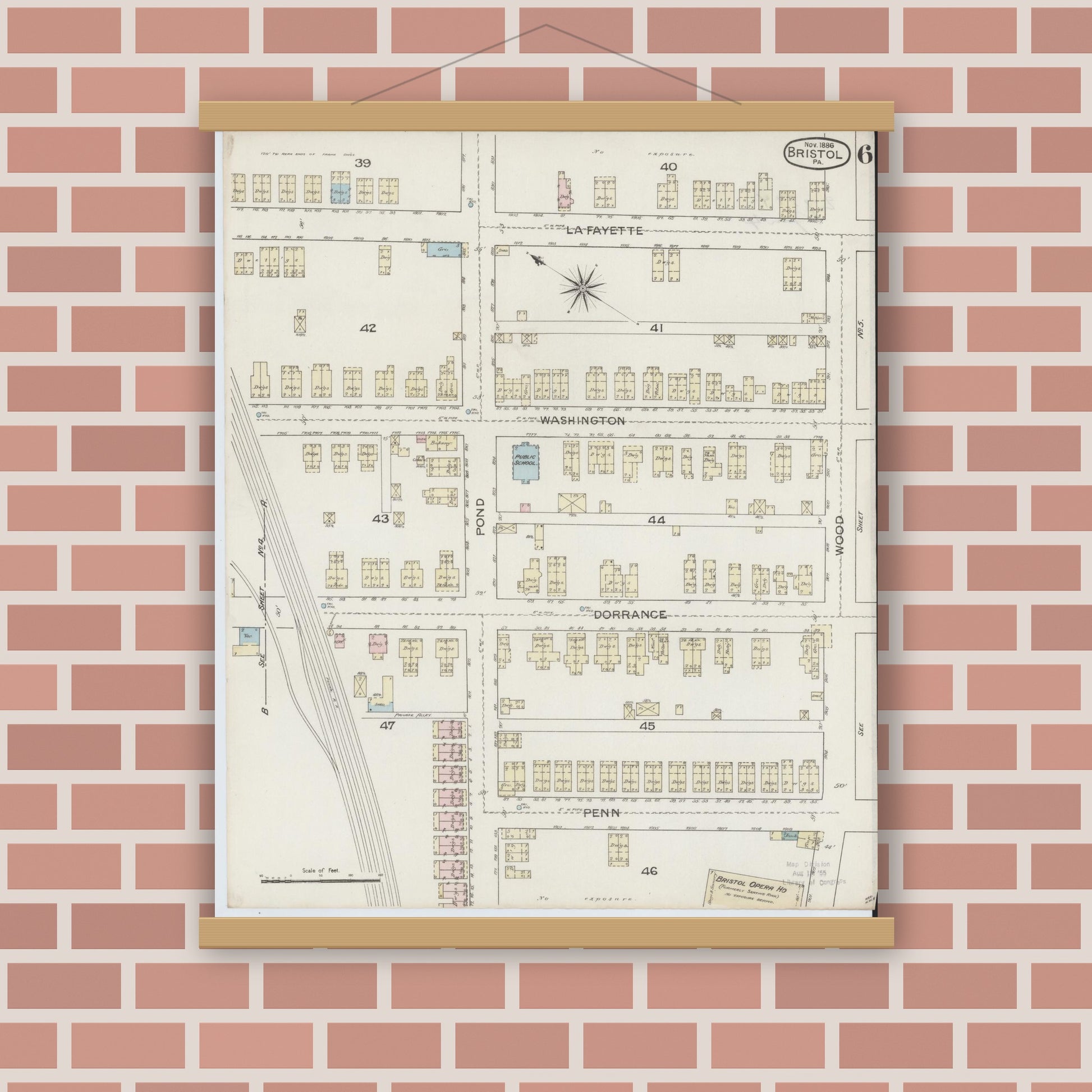 Old map wall art mockup — magnetic wood frame on brick wall — Sanborn Fire Insurance Map from Bristol, Bucks County, Pennsylvania (1886), Sheet #0006