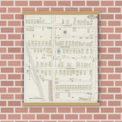 Old map wall art mockup — magnetic wood frame on brick wall — Sanborn Fire Insurance Map from Bristol, Bucks County, Pennsylvania (1886), Sheet #0006