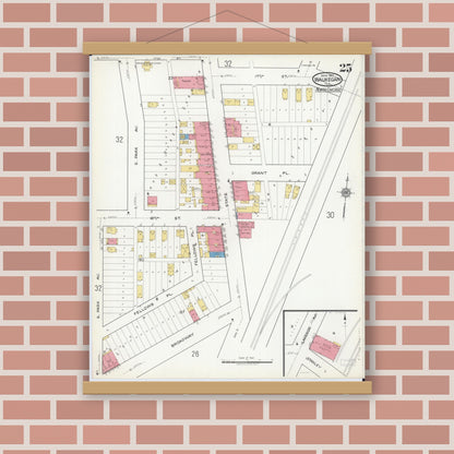 Old map wall art mockup — magnetic wood frame on brick wall — Sanborn Fire Insurance Map from Waukegan, Lake County, Illinois (1917), Sheet #0025
