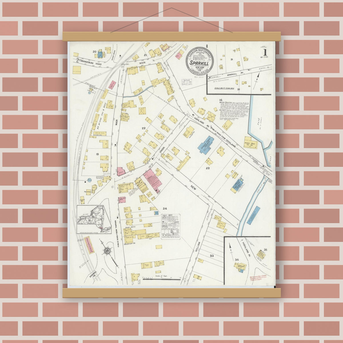 Old map wall art mockup — magnetic wood frame on brick wall — Sanborn Fire Insurance Map from Sparkill, Rockland County, New York (1916) - Complete Map Set