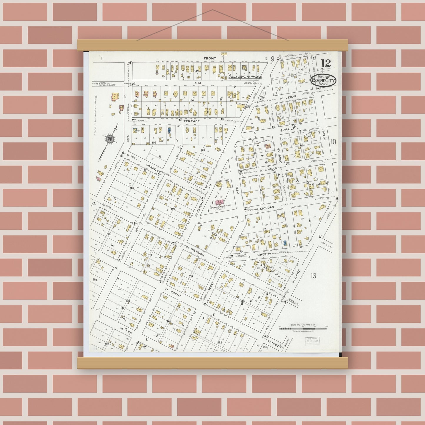 Old map wall art mockup — magnetic wood frame on brick wall — Sanborn Fire Insurance Map from Boyne City, Charlevoix County, Michigan (1919), Sheet #0012